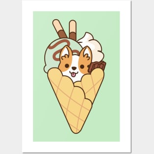 Cute Corgi in the Waffle with Mint Ice Cream & Chocolate Stick Posters and Art